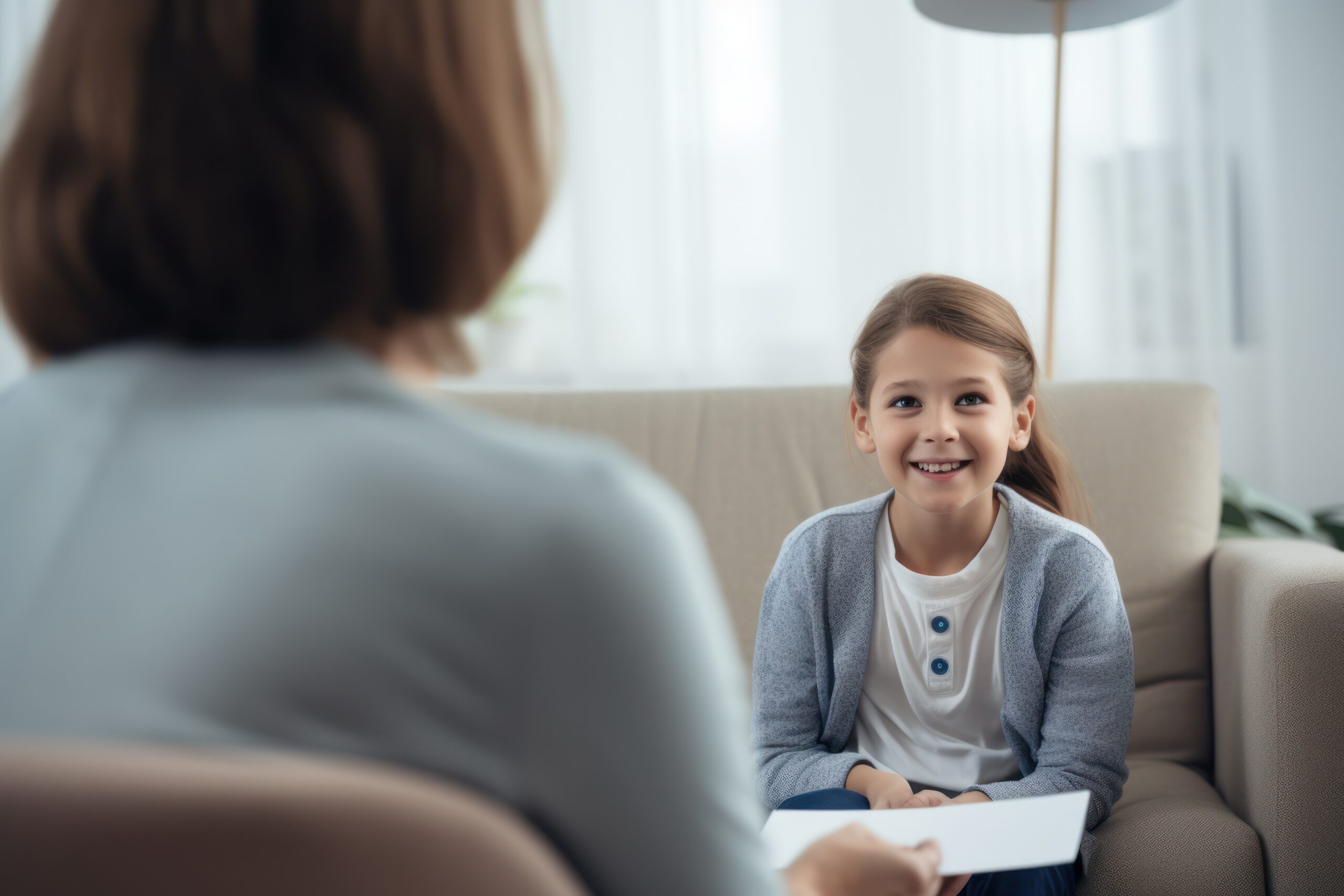 a young girl kid patient sitting and talking to psychologist about anxiety and concentration adhd disorder. psychologist listening to her client on psychotherapy session.